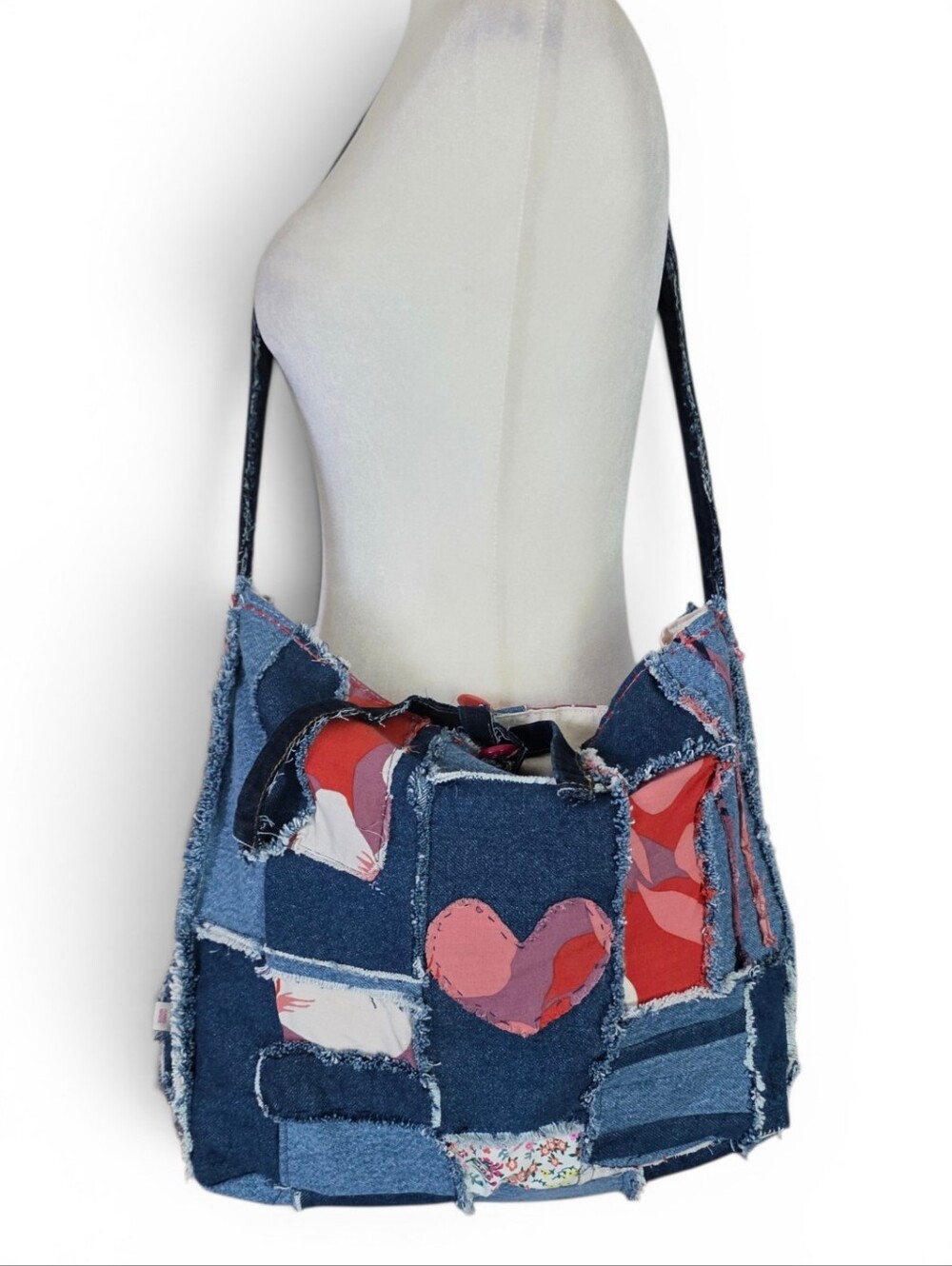 Boho Patchwork Denim Crossbody Bag - Blue Floral Accent